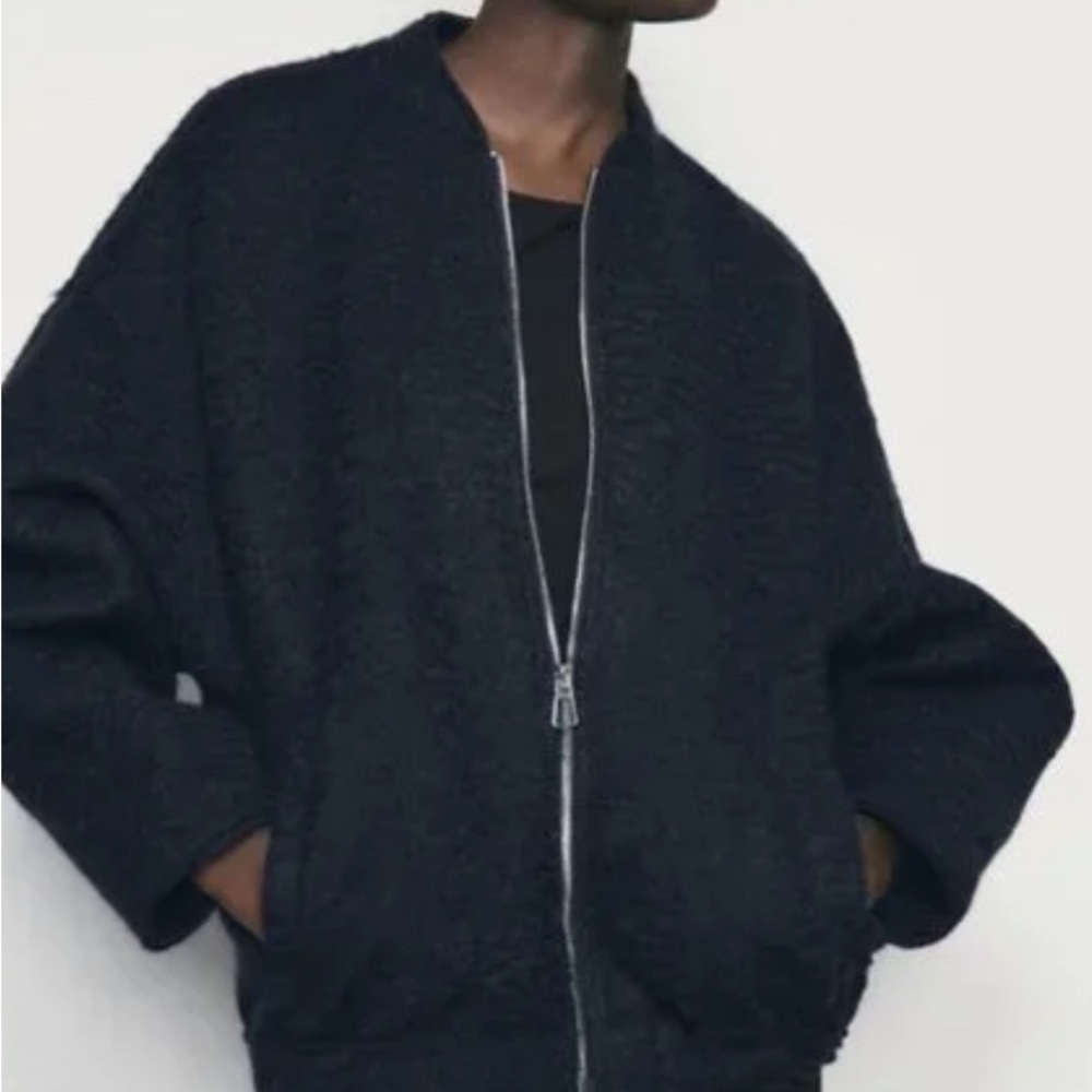 Zara Black Boucle Oversized Bomber Jacket